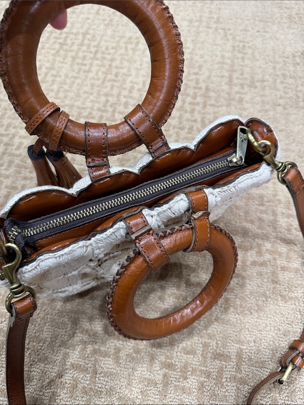Patricia Nash White Crochet Crossbody with Brown Leather Trim - Picture 7 of 10